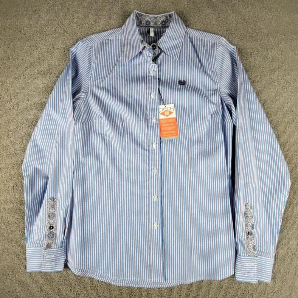 Cinch Shirt Womens Medium Blue Stripe Button Up Long Sleeve Cotton Western